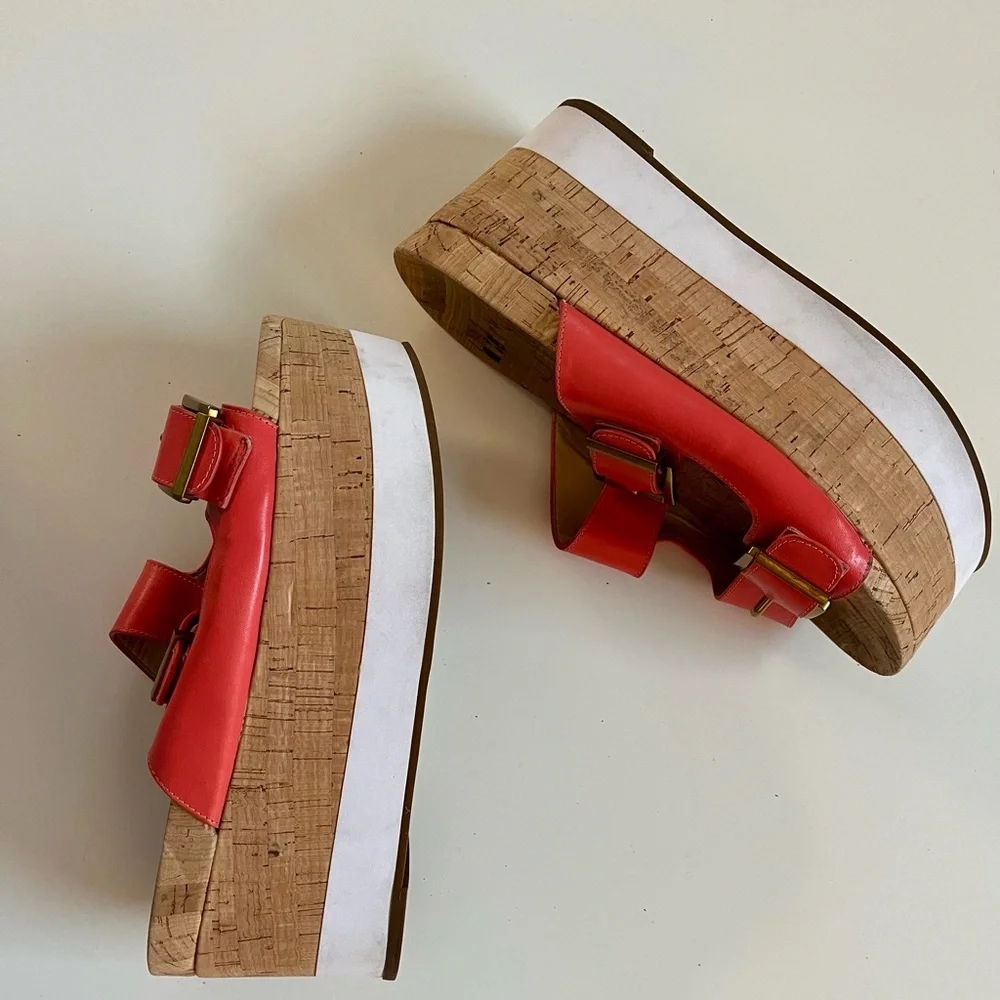 Red Cork Platform Slide Sandals with Buckle Straps